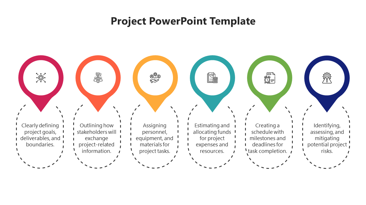 Project planning slide featuring six milestone markers with colorful icons and detailed descriptions under each step.