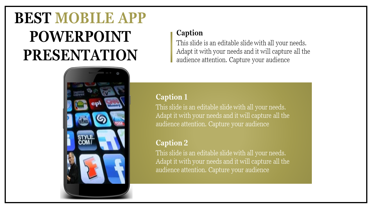 Slide design with a smartphone displaying colorful app icons alongside gold-shaded placeholder text areas.