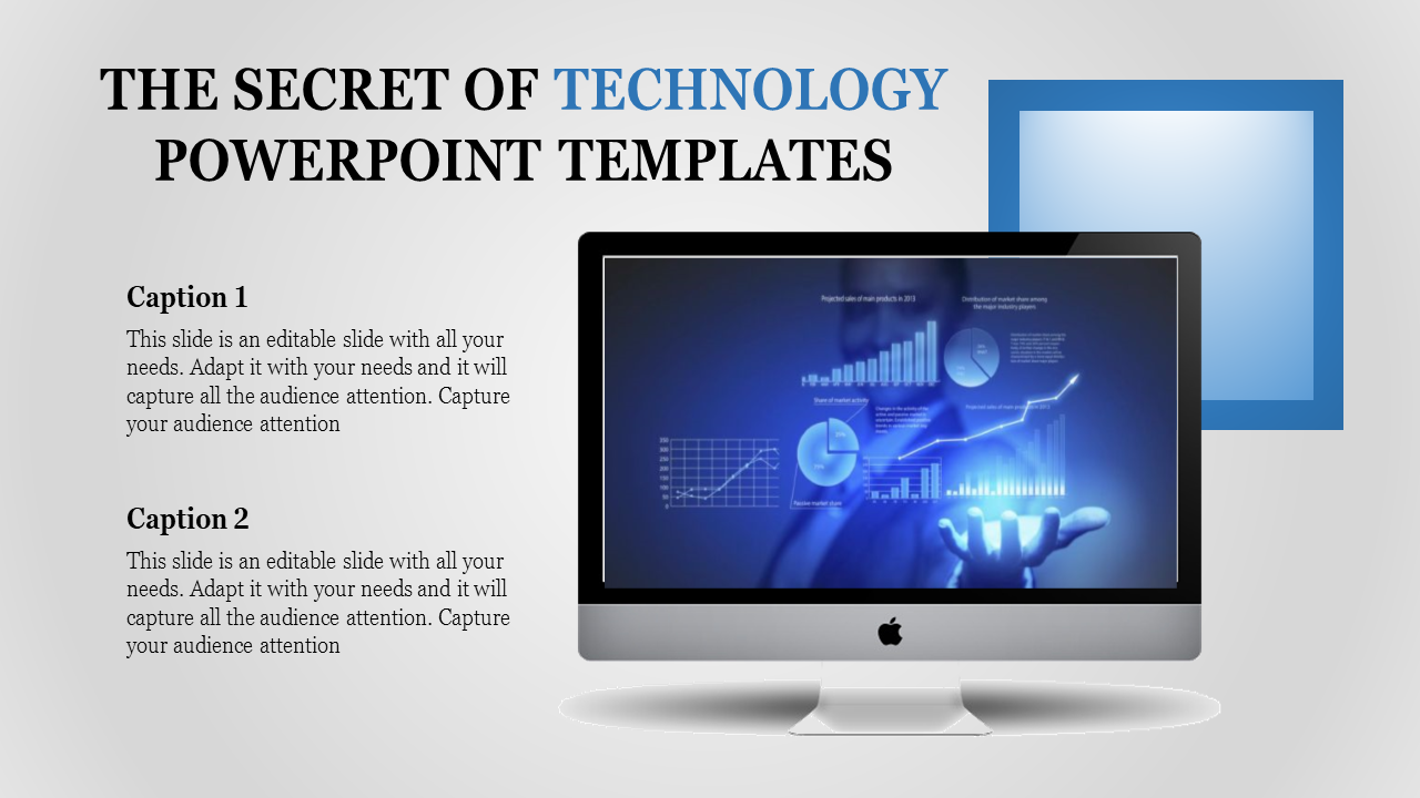 Technology slide featuring a desktop screen displaying graphs and charts on a blue background, and two captions on the left.