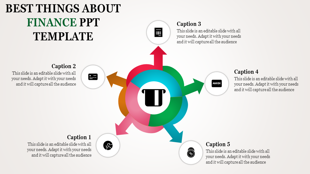 Finance themed PowerPoint template showcasing a central graphic with arrows pointing to labeled captions and icons.