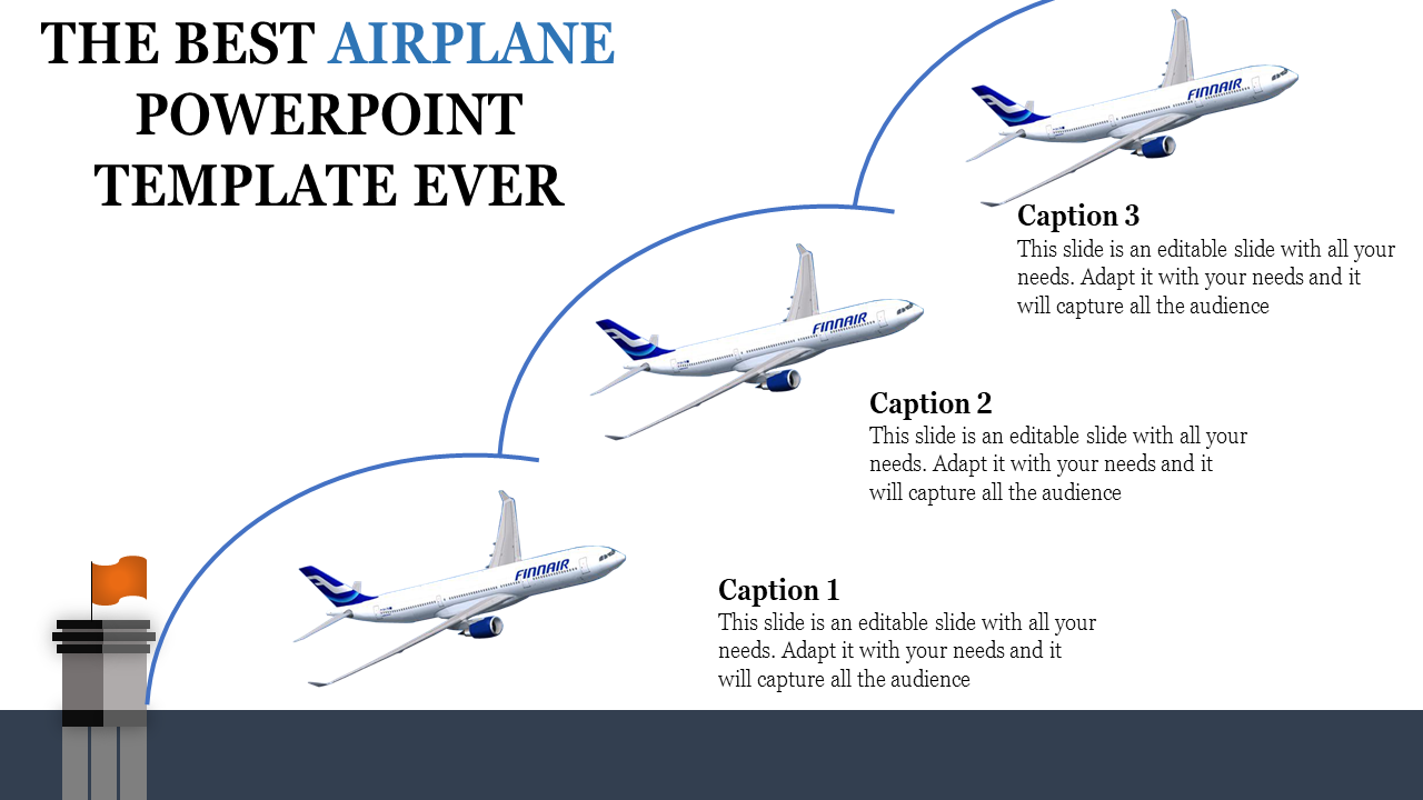 Airplane-themed slide with a large title, three planes in flight, and captions below each, along with a control tower.