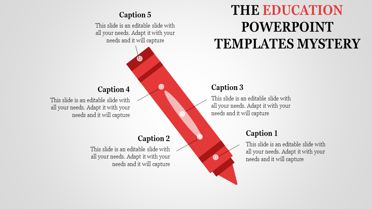 Education themed PowerPoint template featuring a red crayon infographic with five labeled captions.