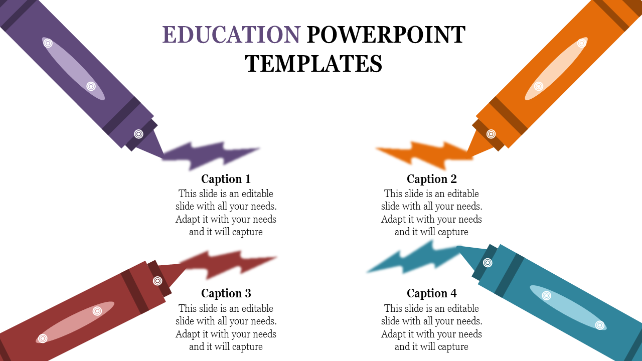 Colorful pens create vibrant designs for an educational PowerPoint slide with captions.