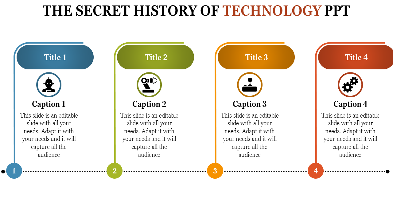 Timeline PPT slide with four technology themed sections, each featuring a title, caption, and icon with placeholder text.