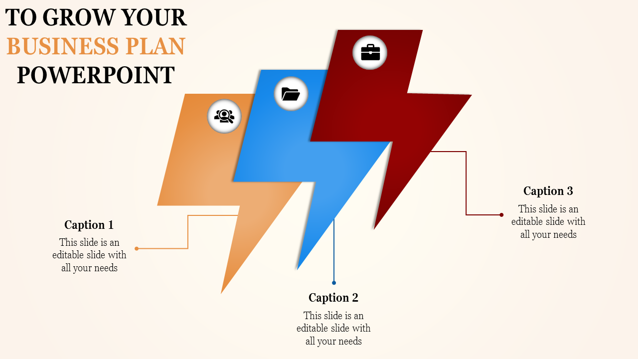 Business plan template with three colored lightning shapes and icons, each linked to captions.