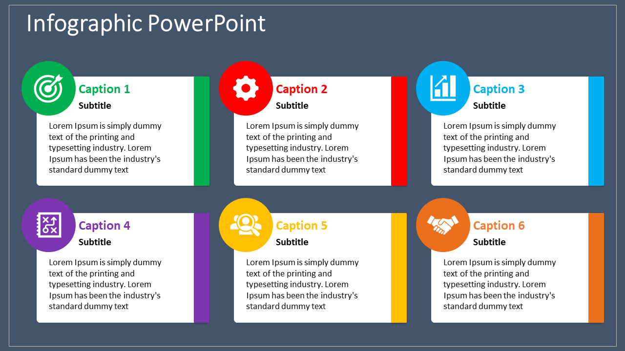 Infographic slide with six colorful caption boxes featuring icons, subtitles, and placeholder text.