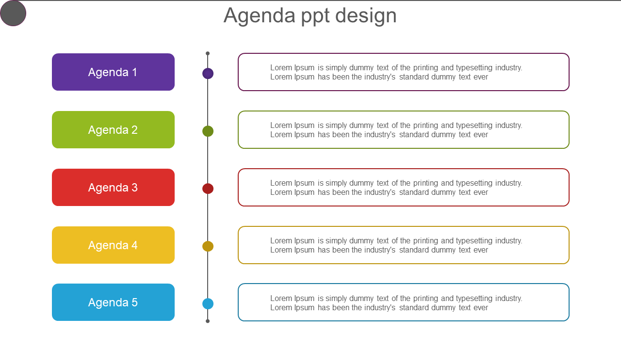 Agenda slide featuring a vertical timeline with colorful sections for five agenda points and descriptive text boxes.