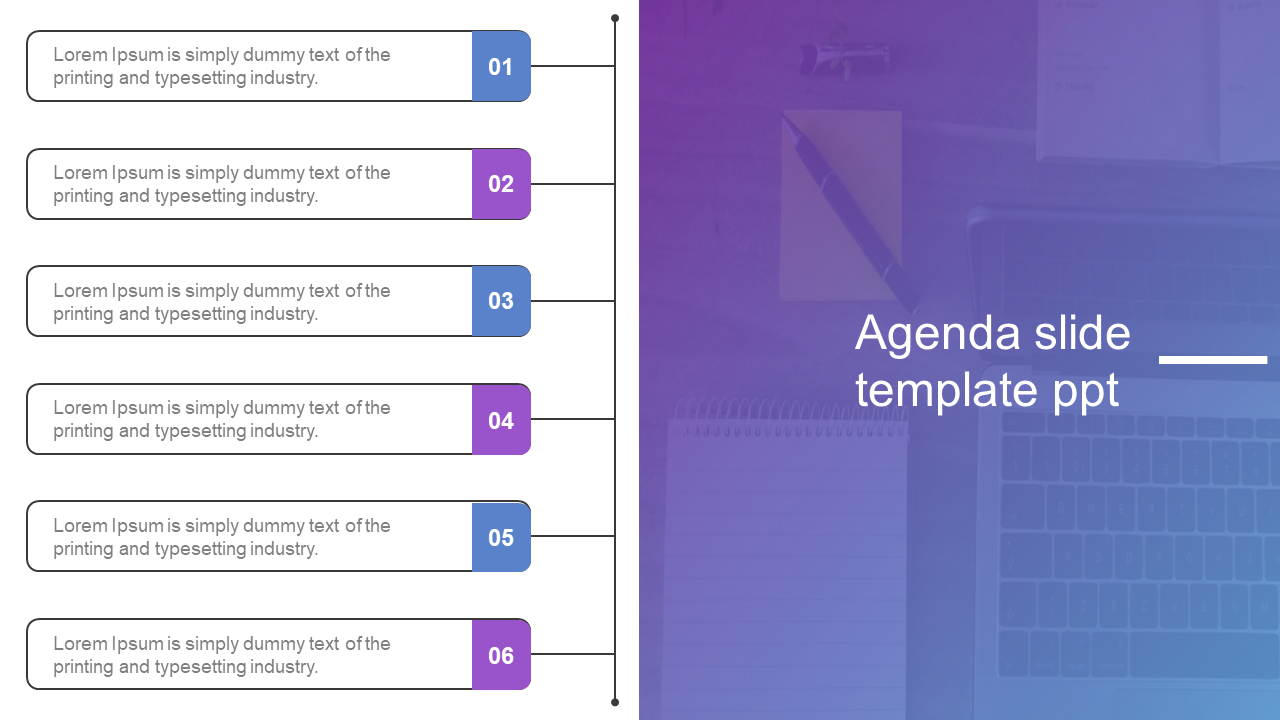 A structured agenda slide with six horizontal blocks containing text each with  blue and purple numbers, and caption areas.