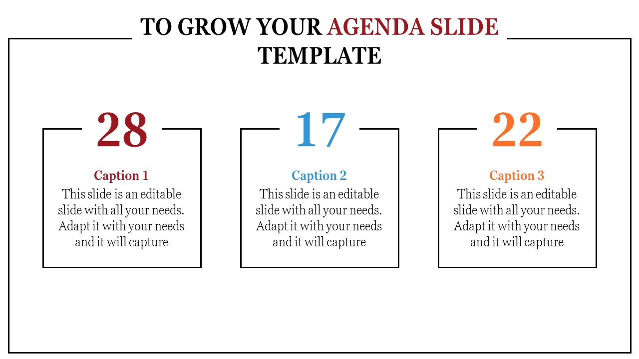 Clean agenda PPT slide featuring three sections with numbers, captions, and content for professional presentations.