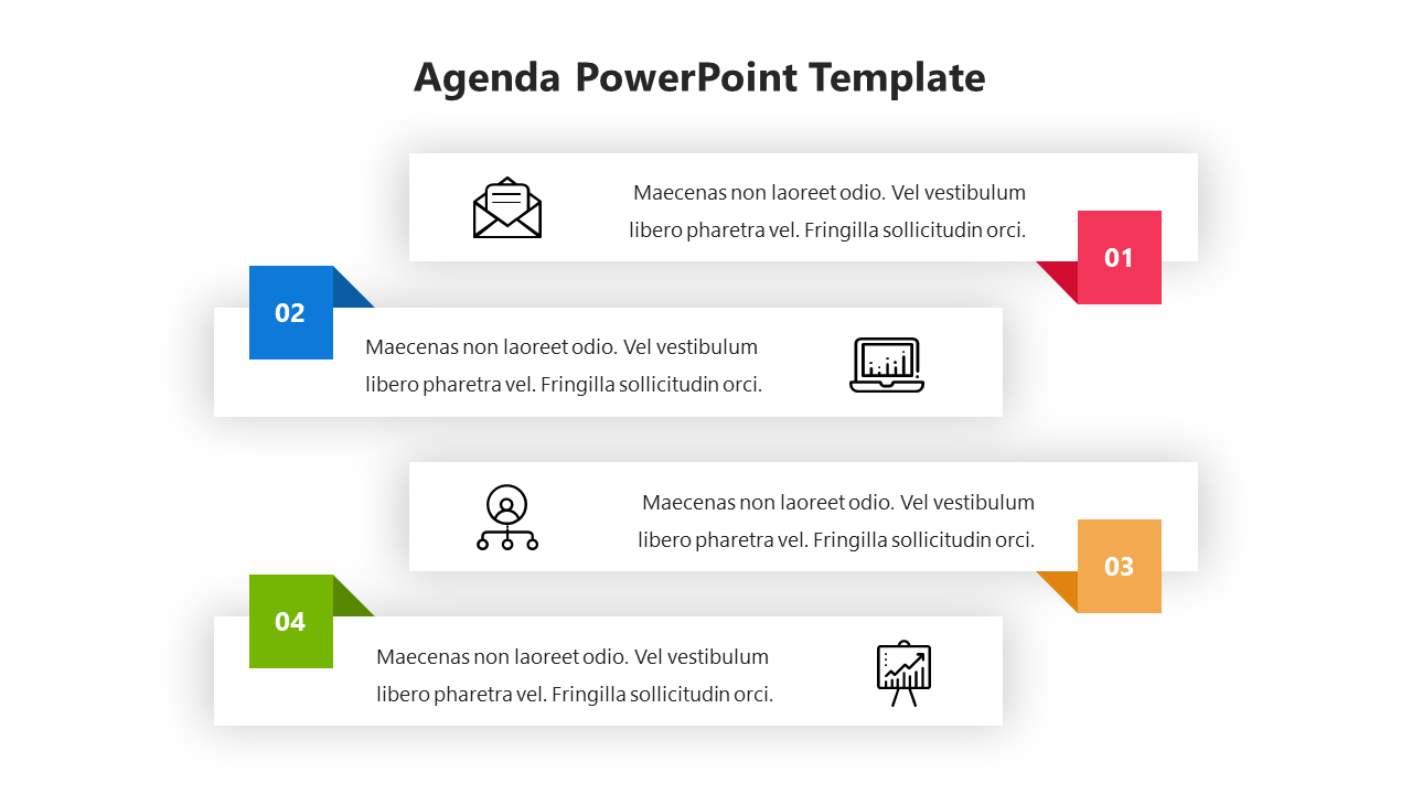 Professional agenda template displaying numbered sections with descriptive text and related icons on a white background.