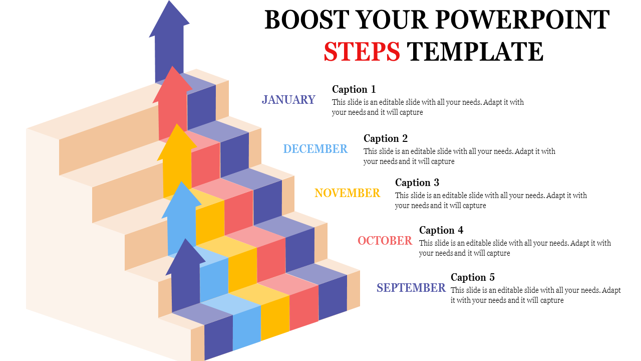 3D staircase infographic with arrows indicating upward growth and monthly labels from September to January.