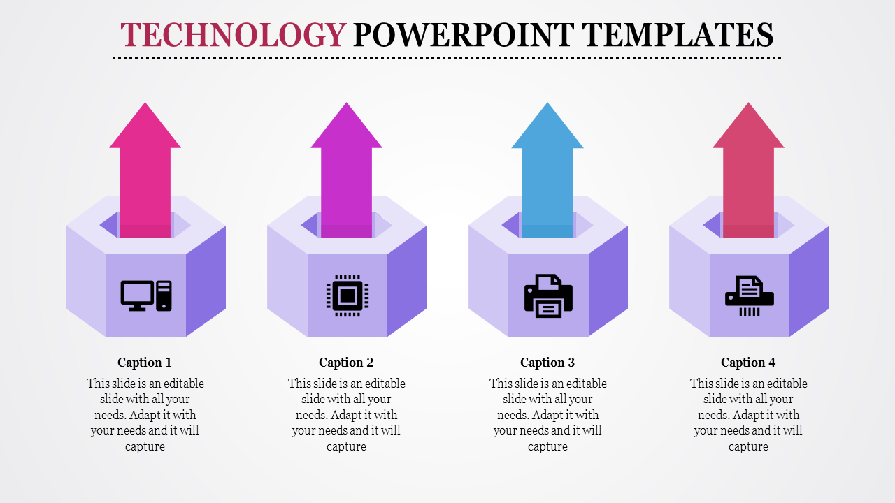 Four hexagonal purple blocks with pink, violet, blue, and red upward arrows, showcasing technology related icons.