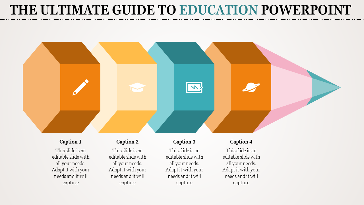 Education PowerPoint template featuring four hexagonal segments with icons and a converging pencil like design.