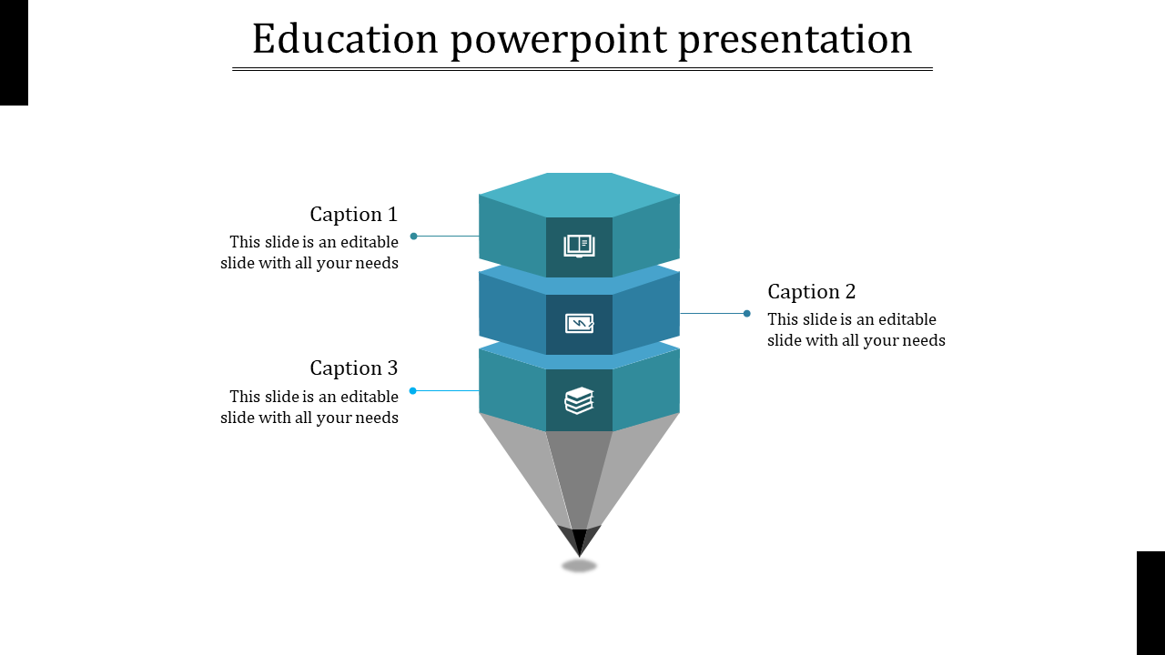 Blue hexagonal education PowerPoint template with three stacked sections and educational icons with captions.