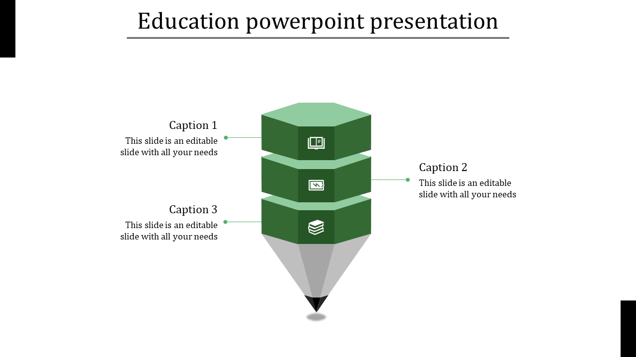 Green hexagonal education PowerPoint template with three stacked sections and educational icons with captions.