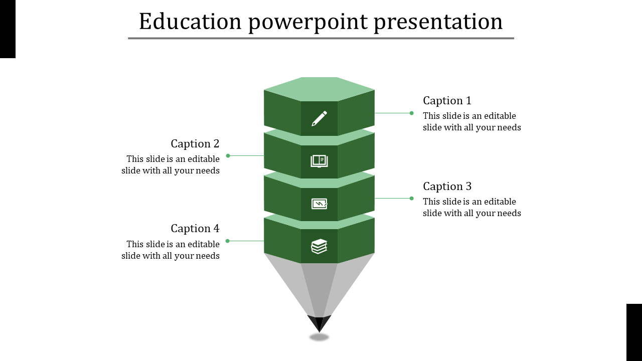 Green and grey hexagonal educational PowerPoint template with stacked sections, featuring icons related to education.