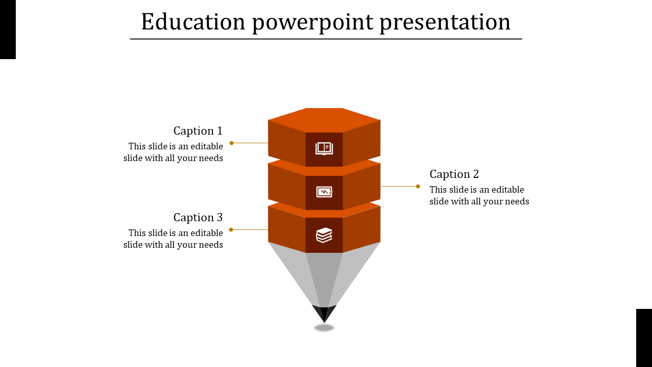 Pencil shaped design composed of three stacked orange cubes with descriptive text options on left and right.