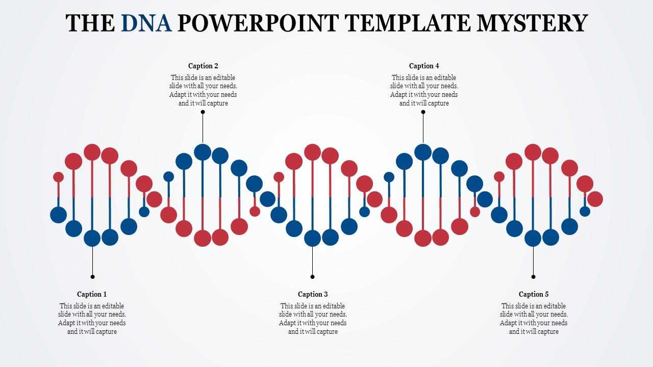 Colorful DNA double helix structure diagram slide with captions.