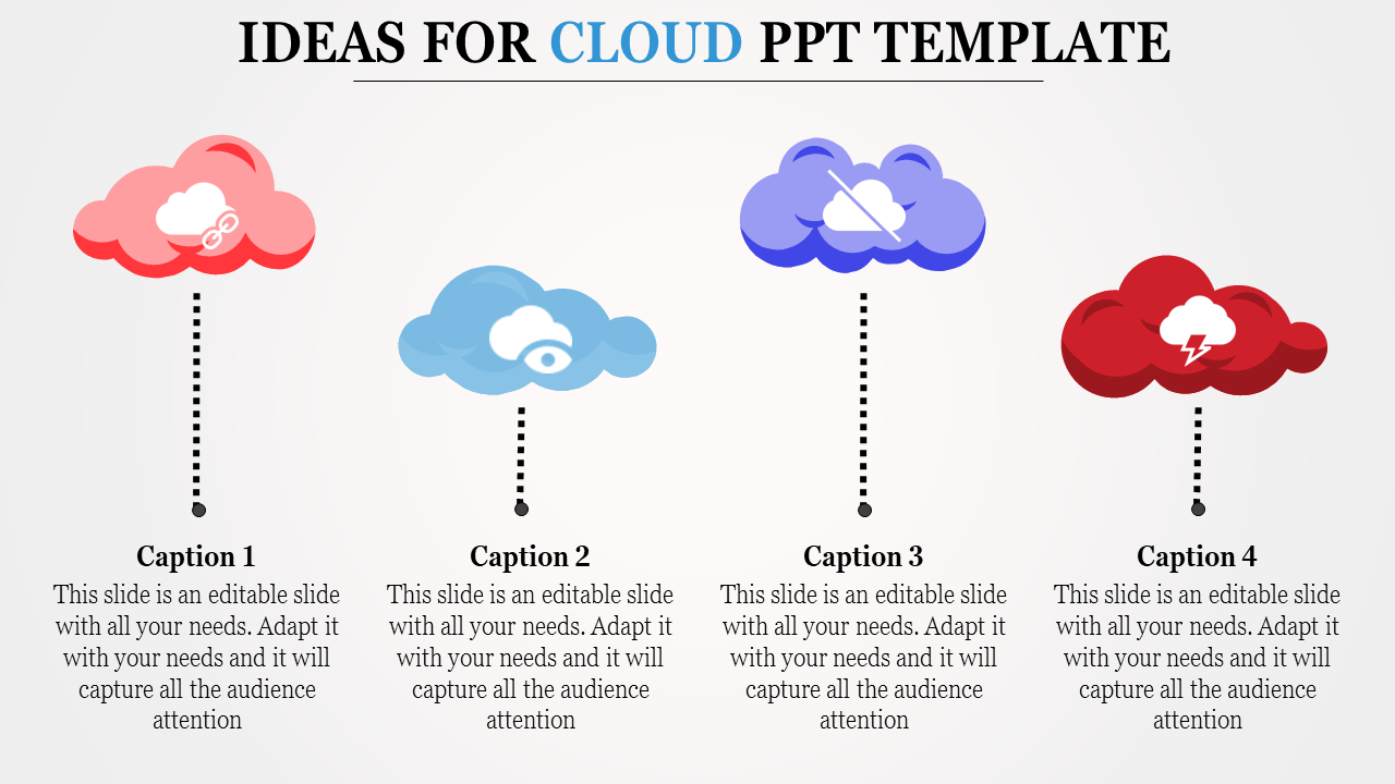 Four cloud icons in red, blue, purple, and red with different symbols inside, each connected to a caption areas.