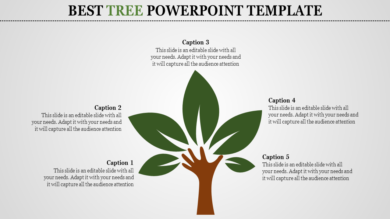 Tree with green leaves and brown trunk in center, surrounded by five caption on a white gradient background.