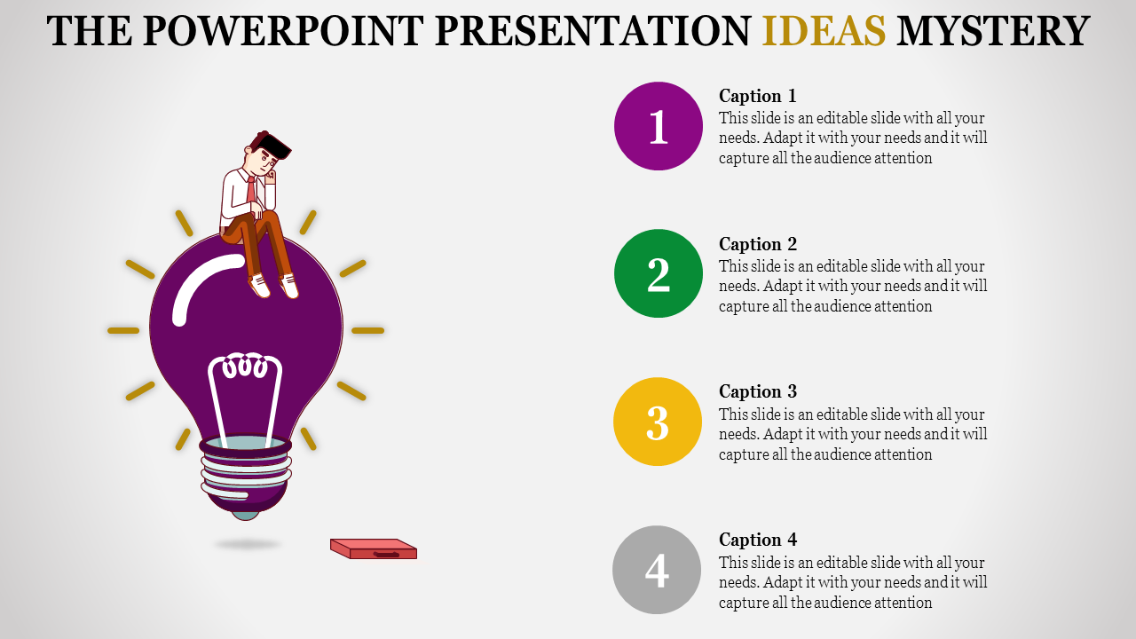 Creative PowerPoint template featuring a lightbulb symbolizing ideas and four numbered captions with colorful circles.