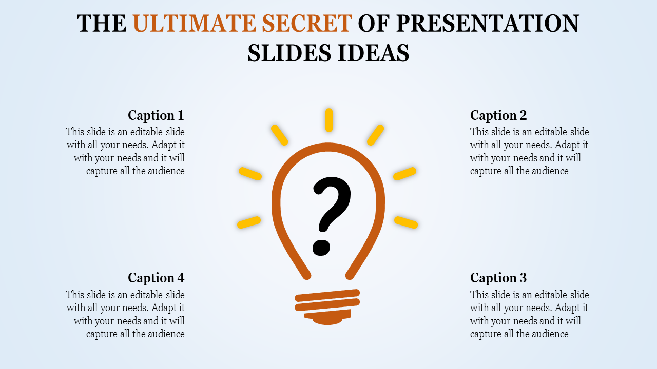 A creative slide design featuring a lightbulb with a question mark and captions around it.