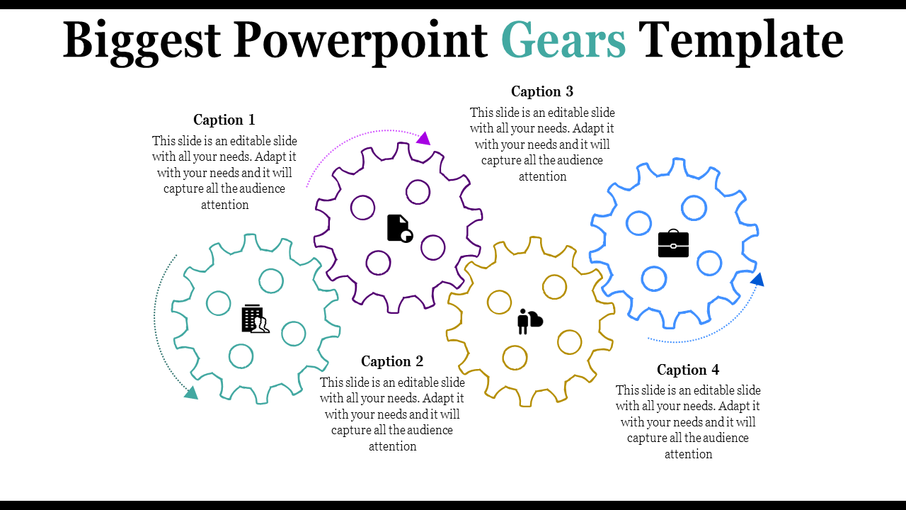 Slide featuring interconnected gears with icons for business, documents, and people, illustrating collaborative processes.