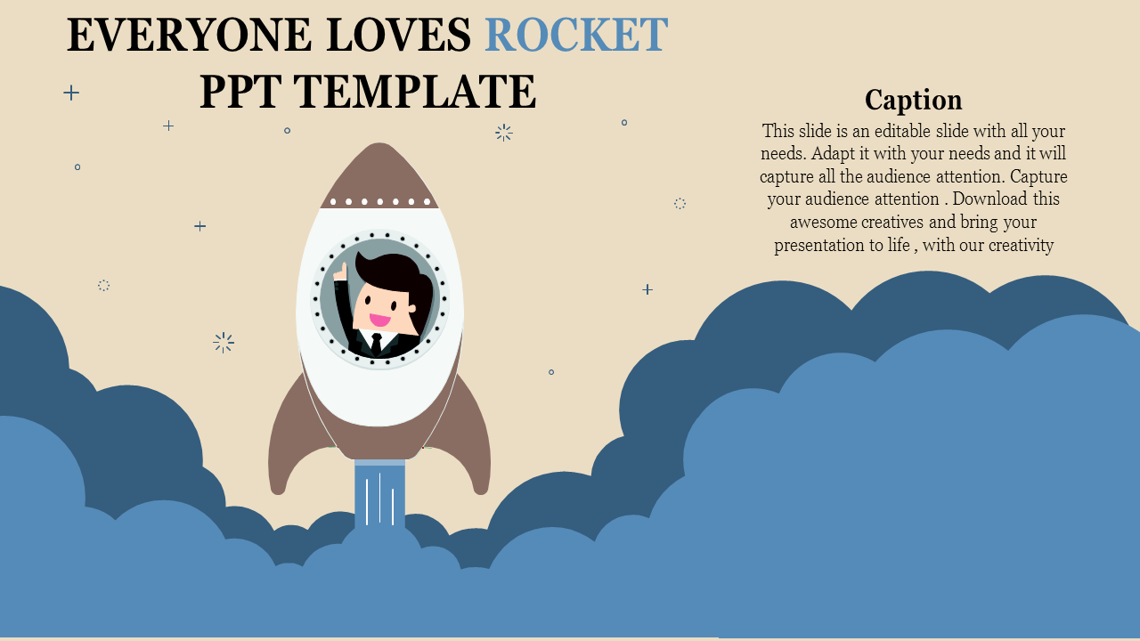 Creative rocket themed presentation slide with a professional character taking off into the sky with captions.