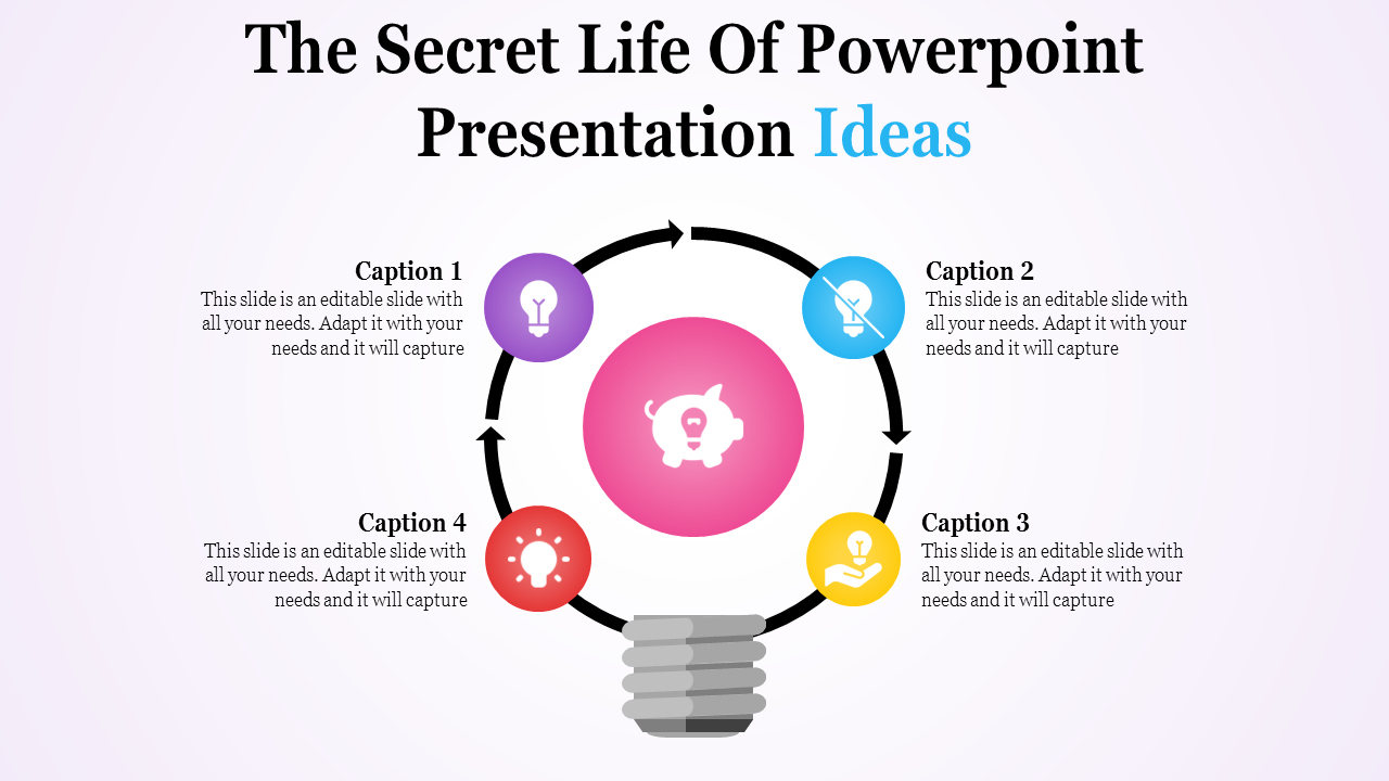 Slide with circular arrows and lightbulb icons, illustrating the process of developing PowerPoint ideas.