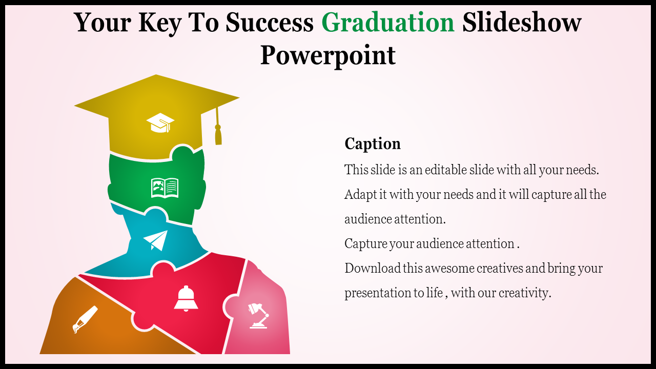 A colorful silhouette of a cap-wearing graduate, sectioned with educational icons and space for a caption.