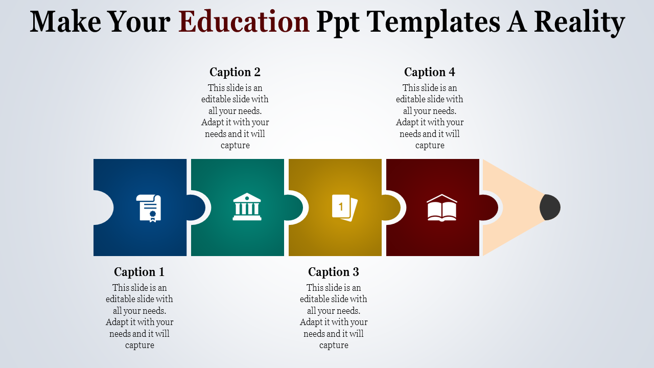 Education slide with a horizontal pencil with four colored puzzle pieces in  blue, green, yellow, and red, each with icons.