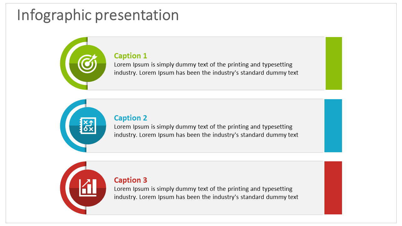 Infographic slide featuring three colorful sections with captions and relevant icons.