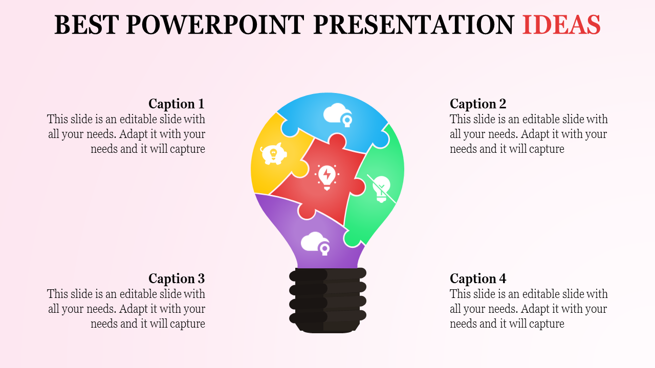 Creative slide design with a colorful lightbulb split into puzzle pieces, surrounded by captions for presentation ideas.