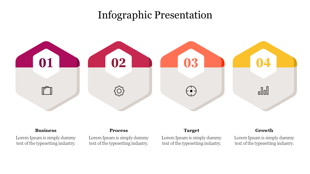 Four step infographic slide with hexagonal shapes showcasing business, process, target, and growth concepts with text.