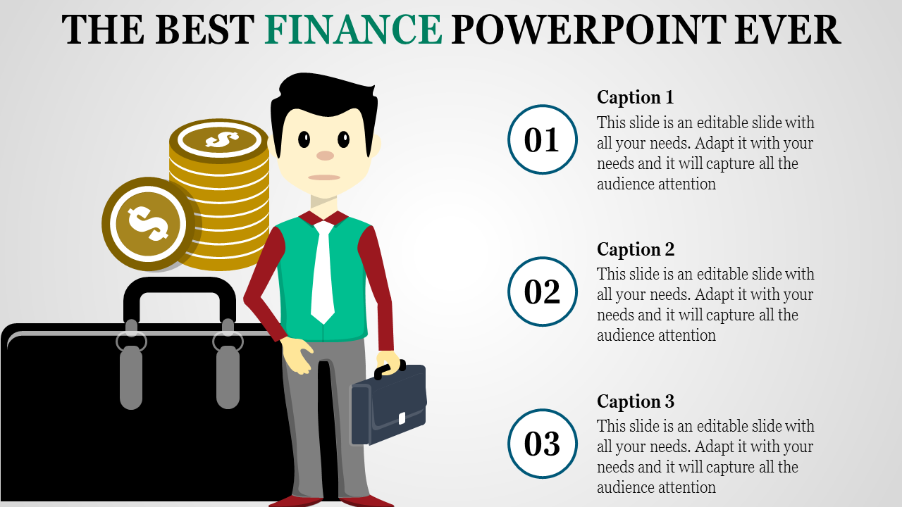 Illustration of a person with briefcase beside dollar coins, and three numbered captions for a finance presentation layout.