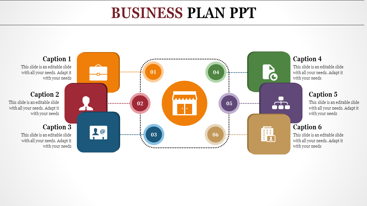 Business plan PowerPoint slide featuring a central icon connected to six colorful sections with captions.