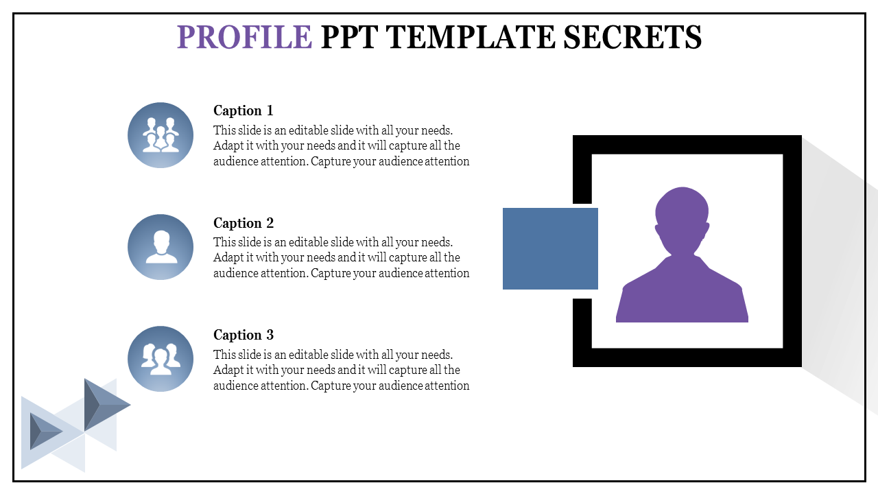 Slide featuring a framed purple profile icon on the right and three blue icons with captions on the left.