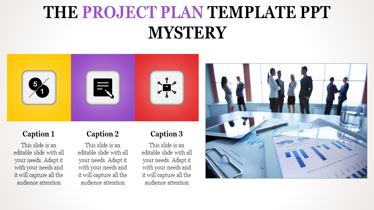 Project plan template featuring icons in yellow, purple, and red boxes, with a business team in the background.