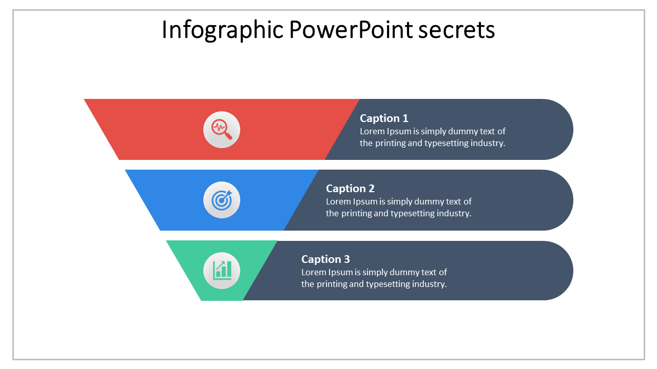 Three layer infographic in red, blue, and green, each with an icon and text, arranged in a horizontal funnel layout.