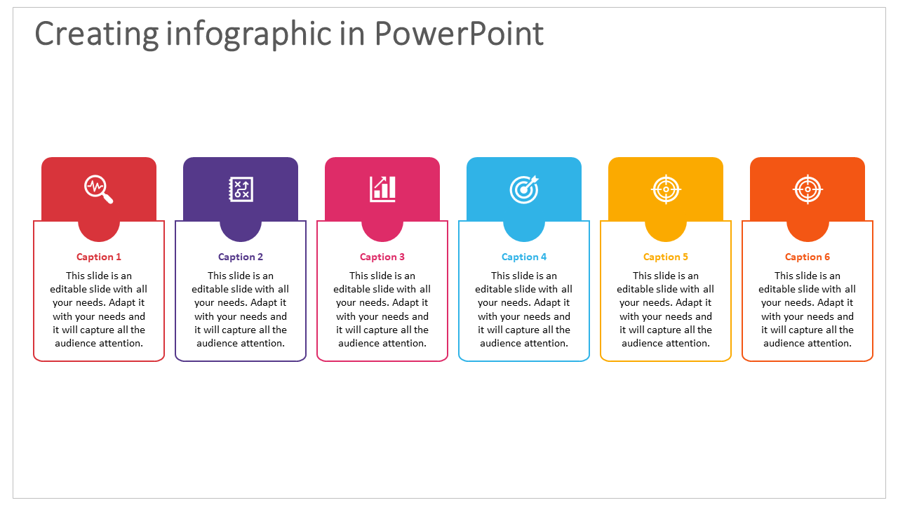 Row of six colorful blocks in red, purple, pink, blue, yellow, and orange, each with an icon and space for text.