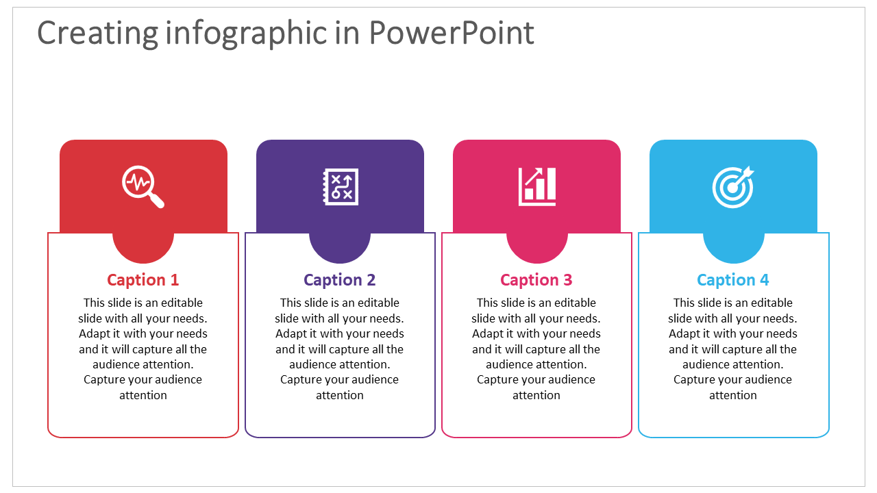 Infographic PowerPoint slide with four colorful sections featuring icons and captions, labeled from 1 to 4.