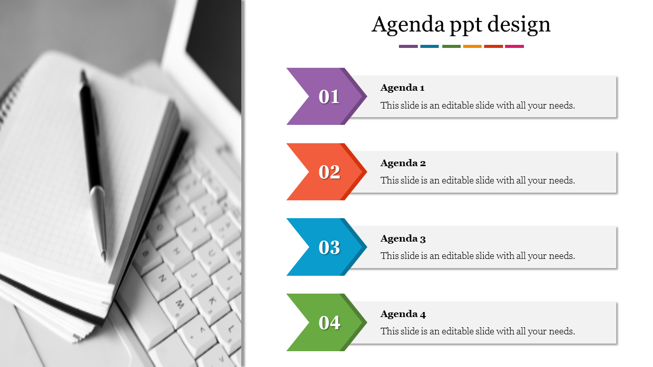 Agenda PPT slide featuring four colorful numbered banners paired with a grayscale image of a notebook and laptop.