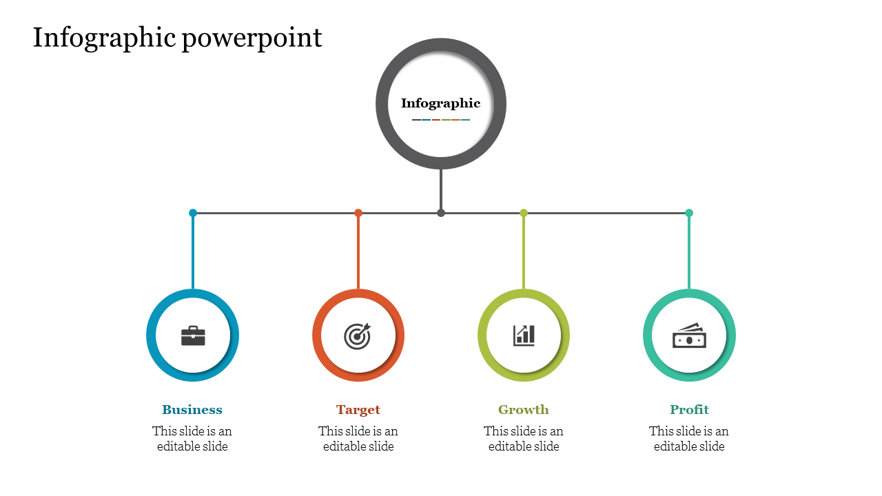 Infographic PowerPoint slide with icons for business, target, growth, and profit in colorful circles.