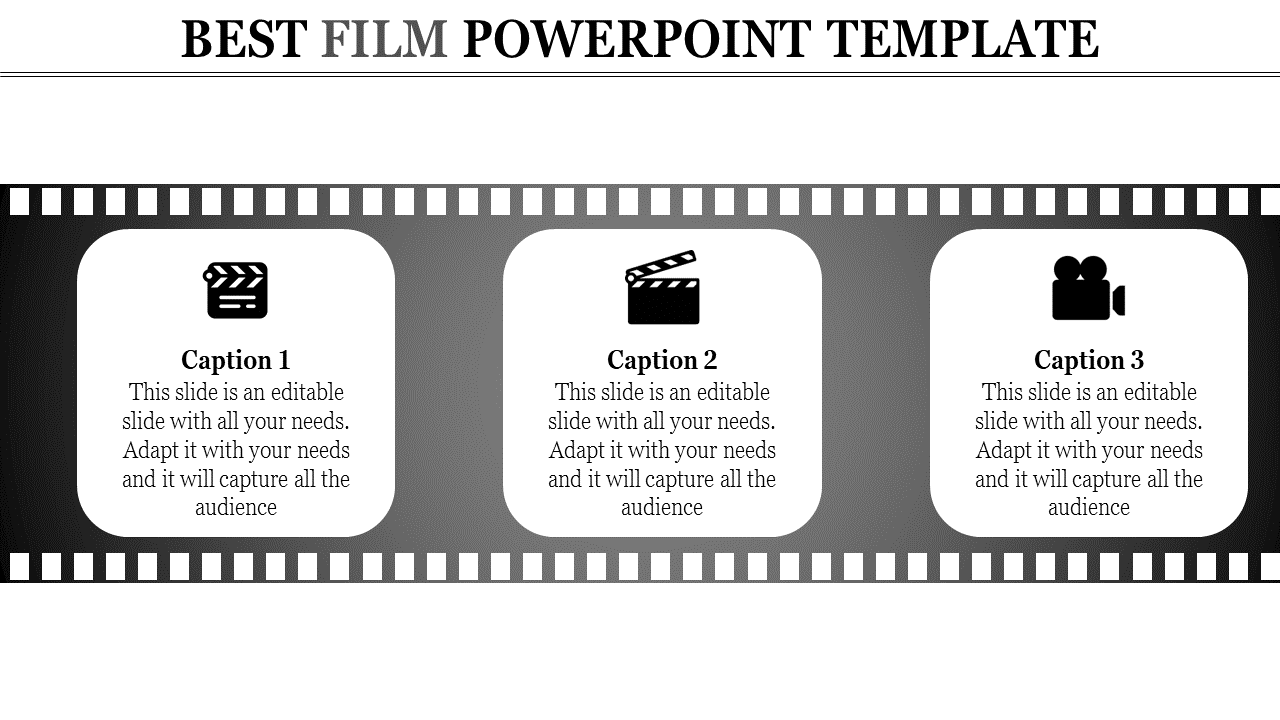 Slide with a film strip design showcasing three sections with movie related icons and placeholder text.