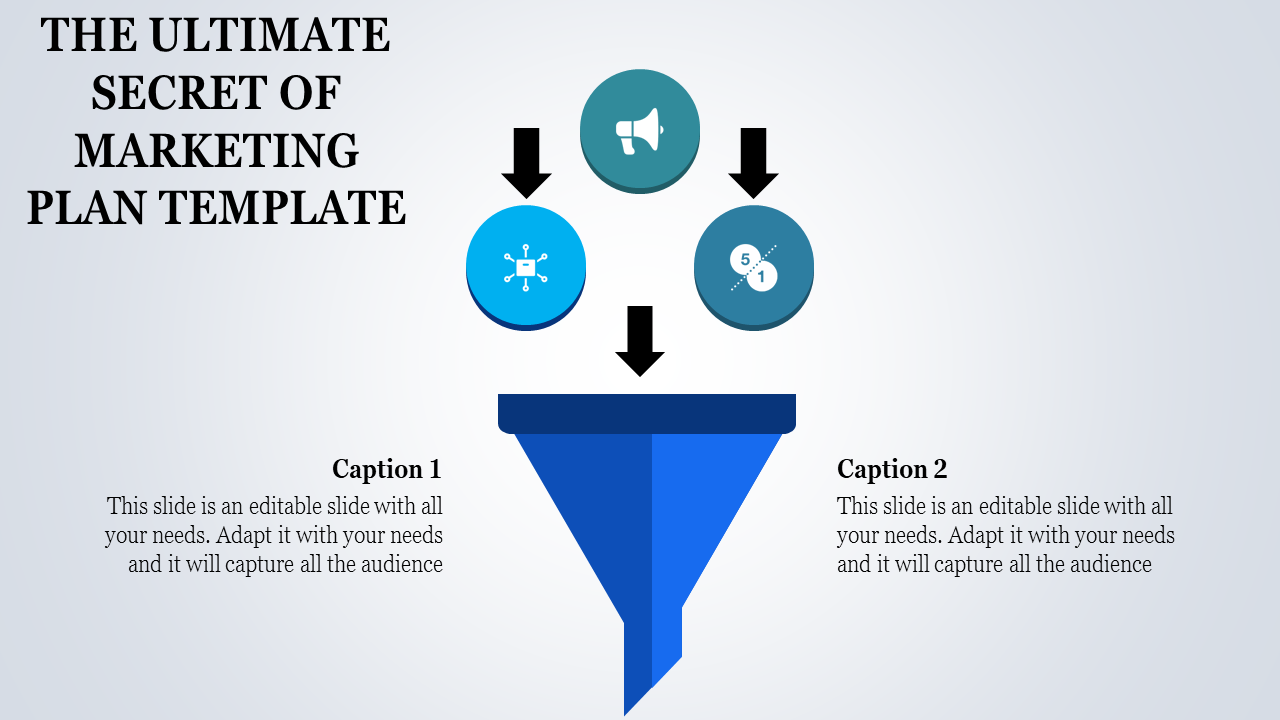 Marketing plan template with a blue funnel and icons illustrating processes with captions.