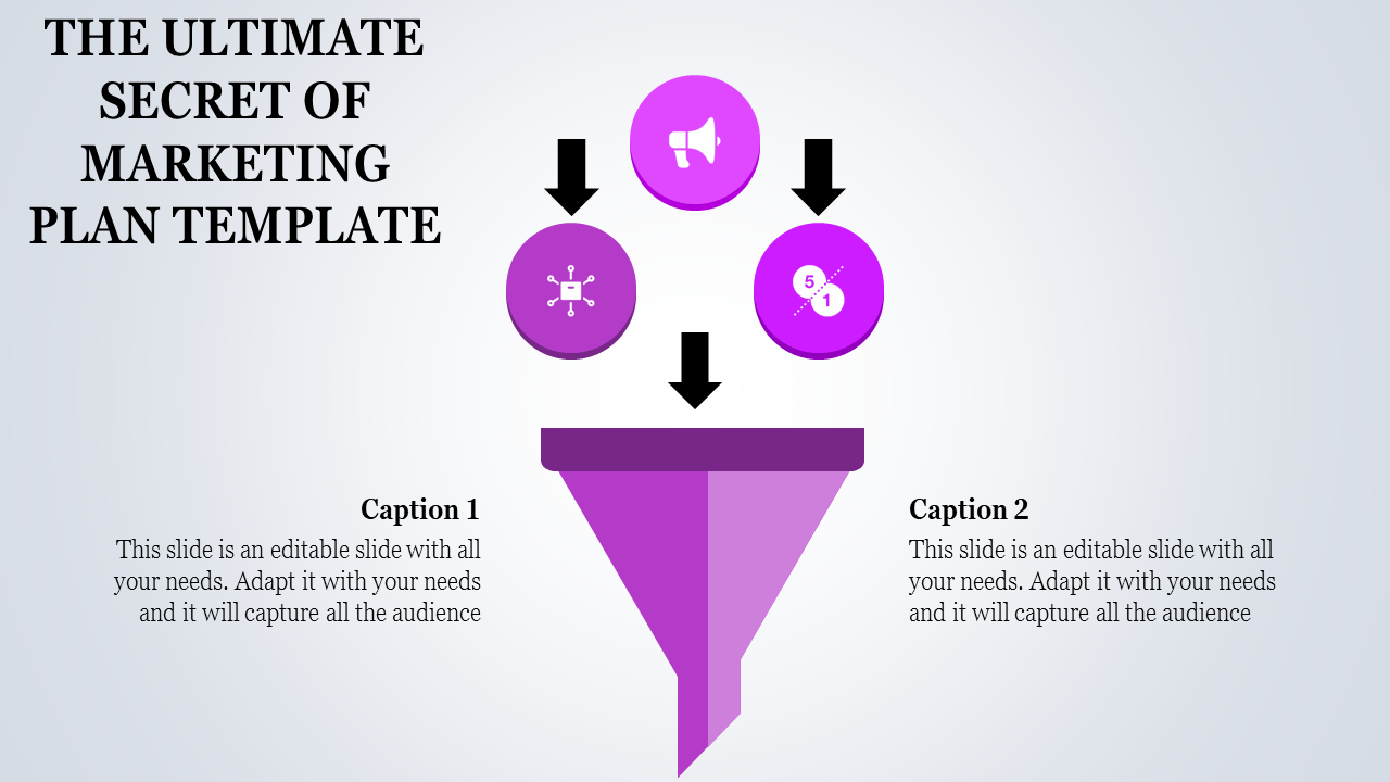 Marketing plan template with a purple funnel and arrows pointing downward with captions.