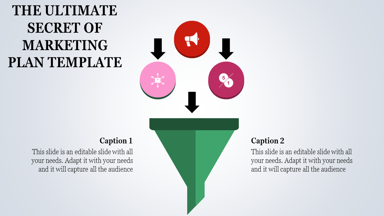 Marketing funnel template illustrating input processes with icons, arrows, and captions for step by step planning.