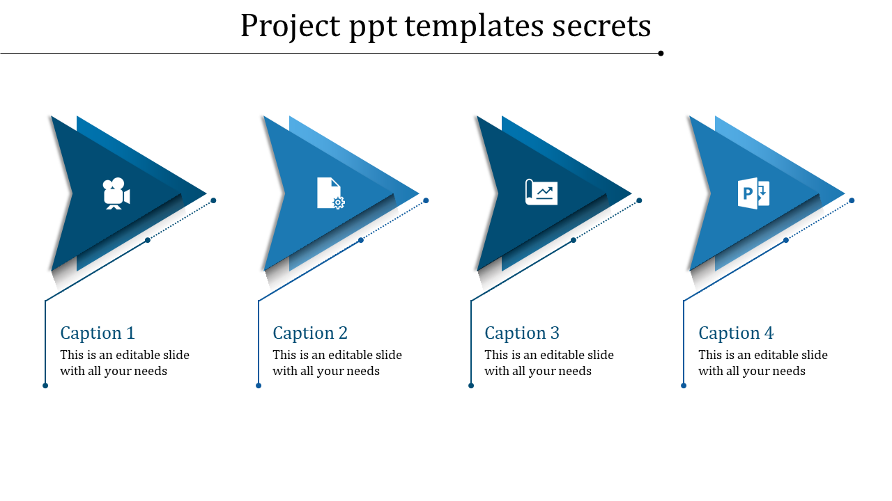 Project template infographic featuring four 3D blue triangles with icons and captions, arranged in a horizontal sequence.