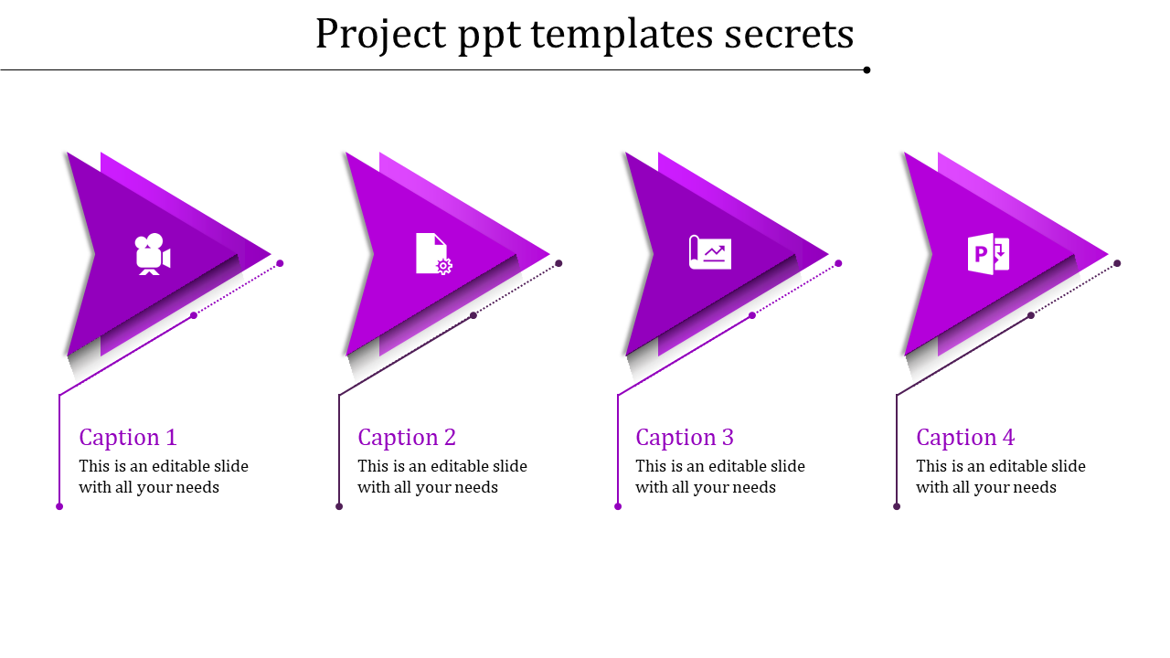 Four purple arrow icons with various symbols such as a camera, document, chart, and PowerPoint logo with placeholder text.