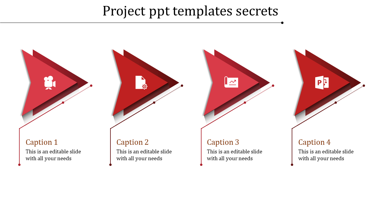 Red arrows with icons, representing video, file, chart, and PowerPoint, highlighting key project stages with captions.